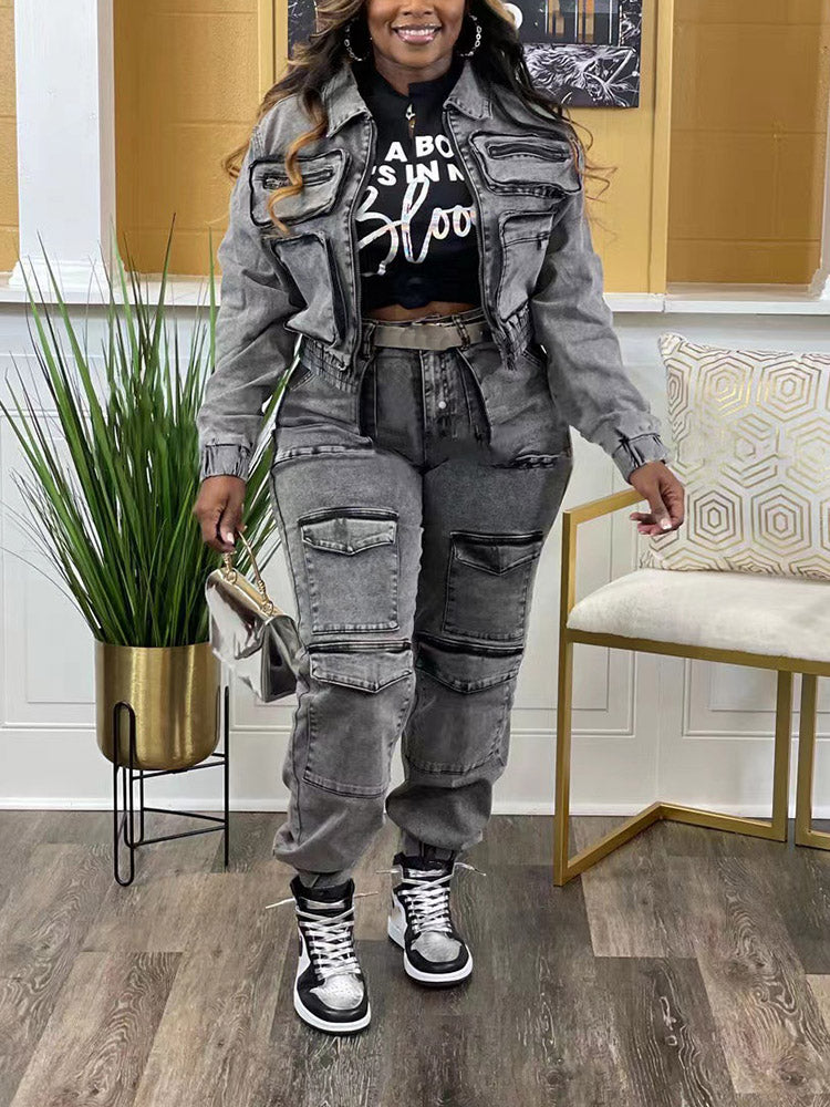 Denim Crop Jacket & Cargo Shorts Set main image 0