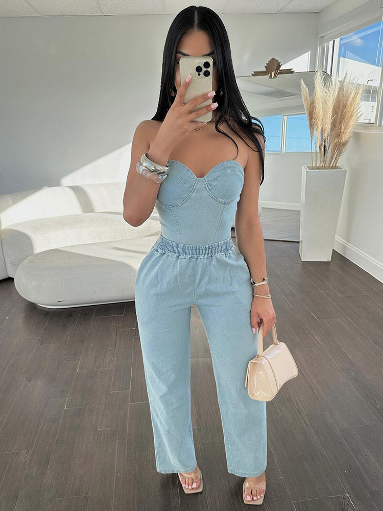 Denim Tube Tops Wide Leg Strapless Pant Sets. main image 1
