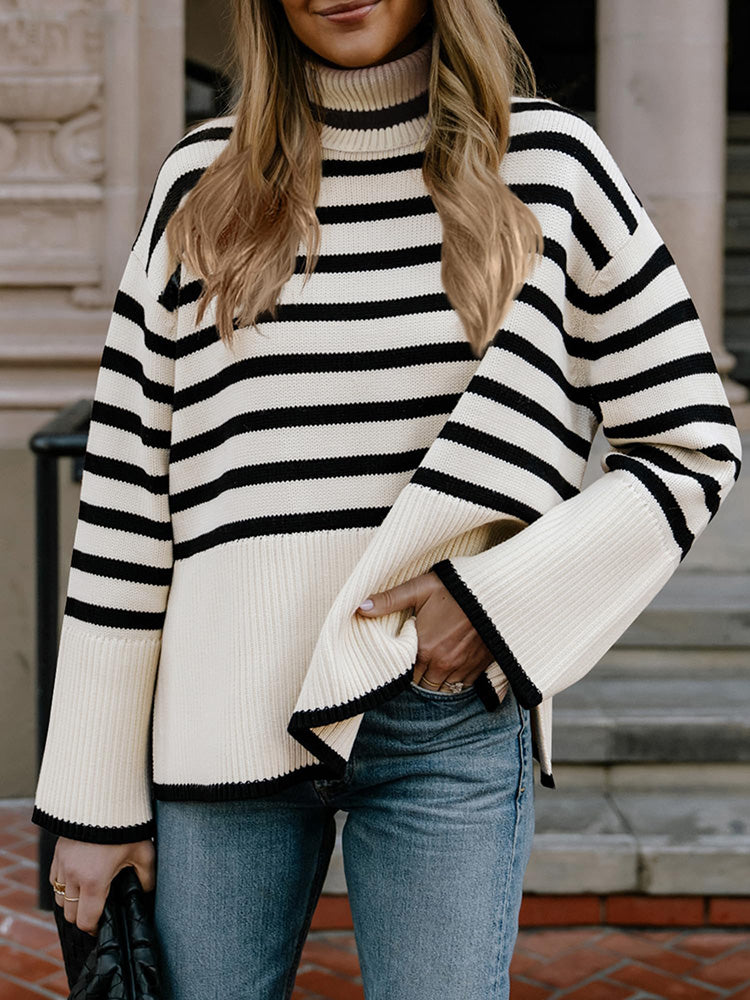 Heavy Knit Striped Turtle Neck Knit Sweater