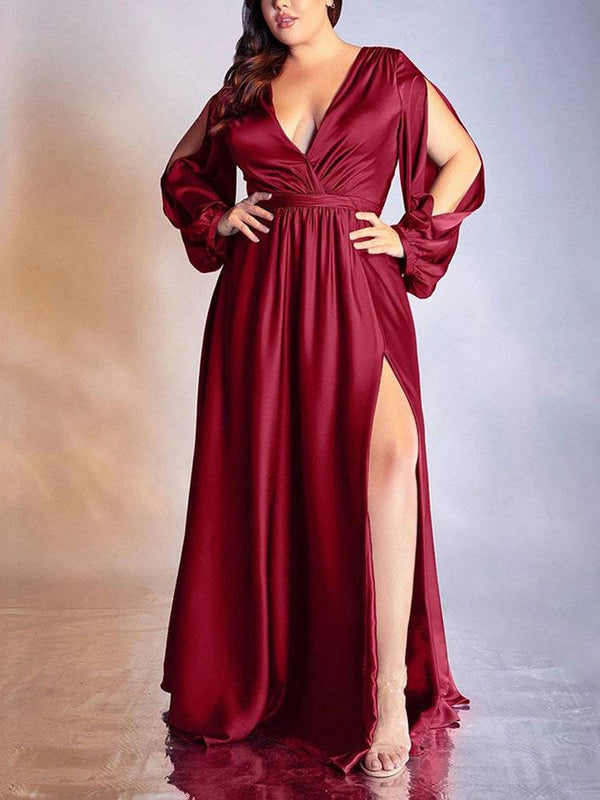 Solid Long Sleeve Slit Maxi Dresses