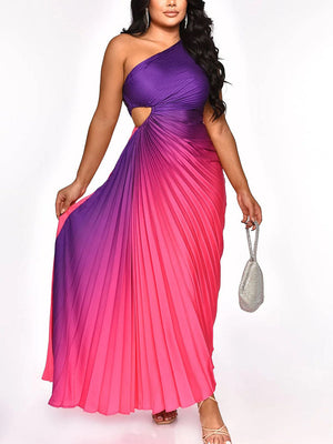 Ombre One Shoulder Pleated Dresses