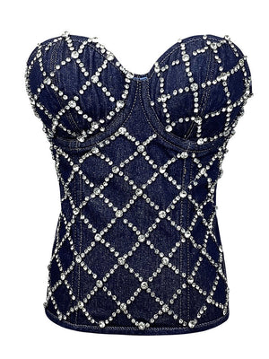 Rhinestone Denim Bustier Tops