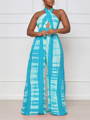 Halter Backless Printed Wide Leg Jumpsuits