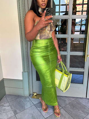 Metallic Zipper Split Skirts