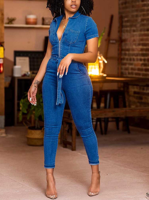 Denim Zipper Belted Jumpsuits