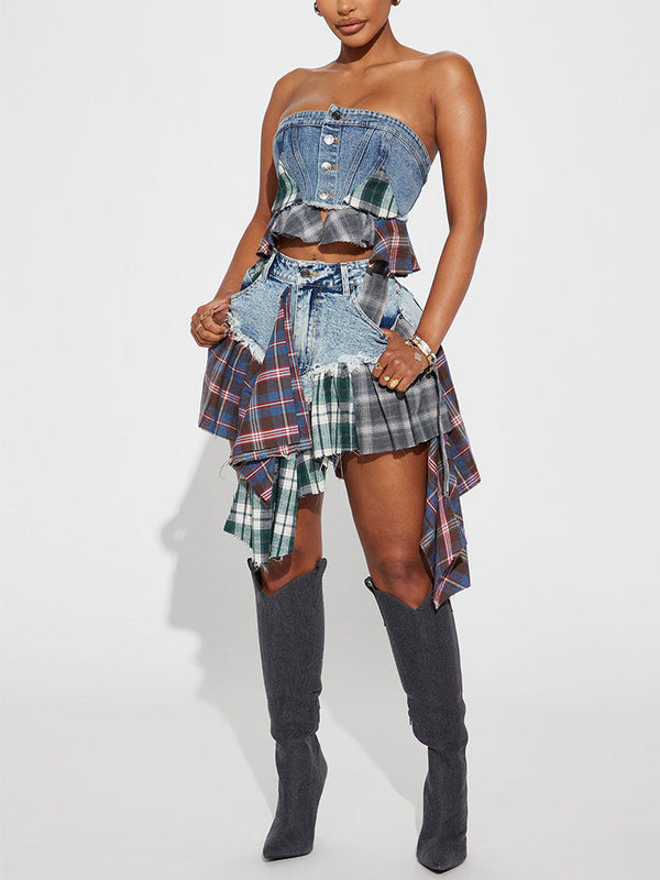 Asymmetric Denim Patchwork Plaid Skirts