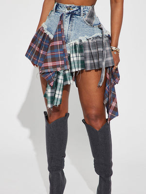 Asymmetric Denim Patchwork Plaid Skirts