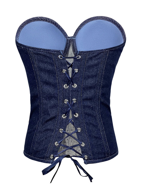 Rhinestone Denim Bustier Tops