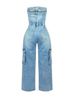 Cross Strapless Denim Jumpsuits
