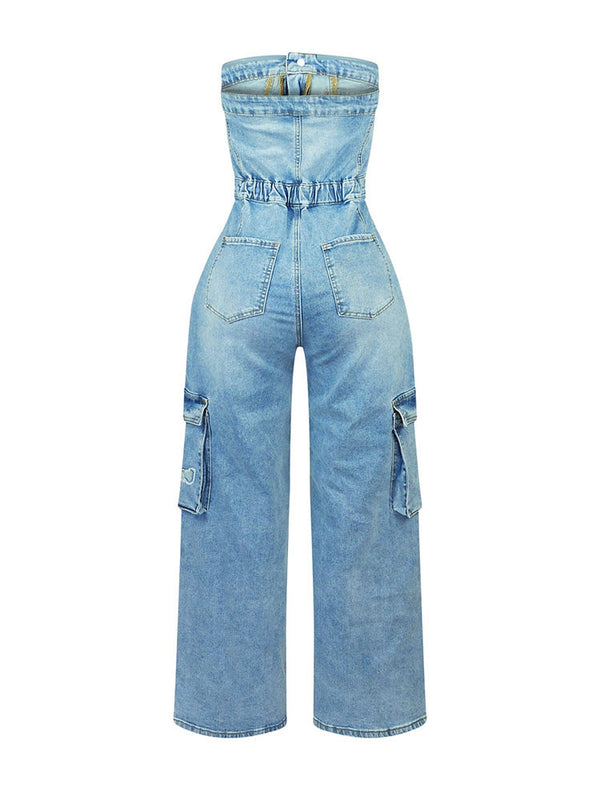 Cross Strapless Denim Jumpsuits