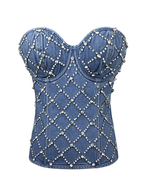 Rhinestone Denim Bustier Tops