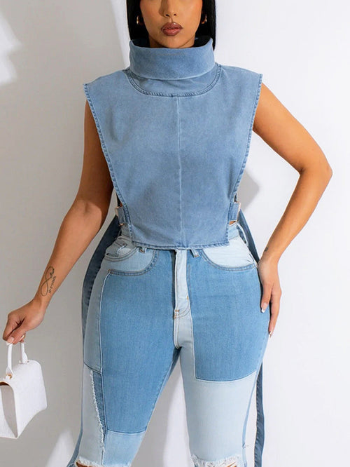 Denim Sleeveless Turtleneck Tops
