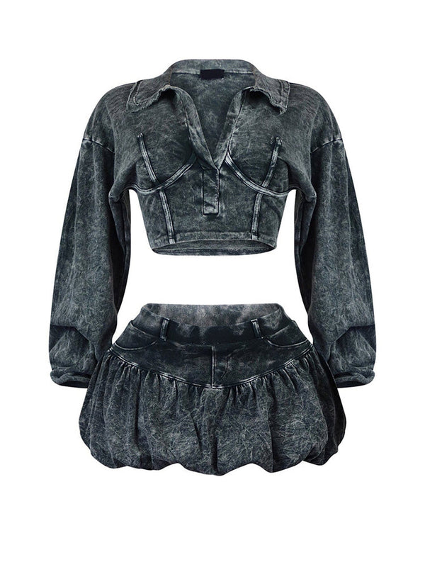 Washed Top Bubble Skort Set