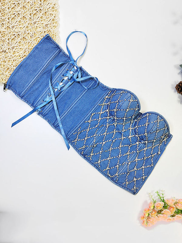 Rhinestone Denim Bustier Tops