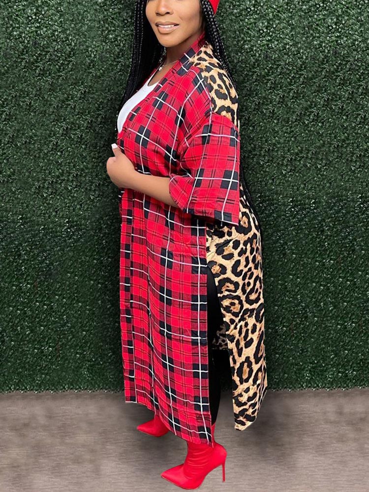 Leopard Plaid Patchwork Slit Cardigans