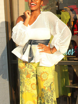 One Shoulder Net Ruffle Hem Tops