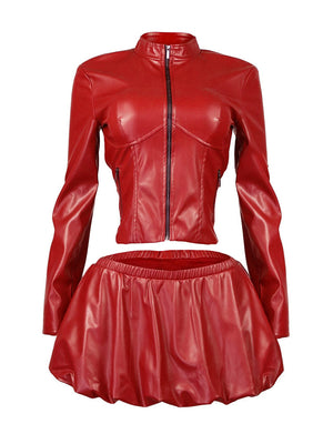 PU Jacket  Bubble Skirt Set