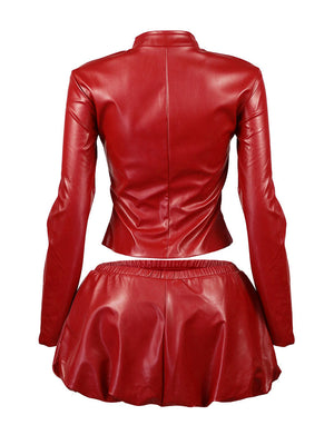 PU Jacket  Bubble Skirt Set