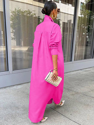 Solid Button Split Shirt Dresses