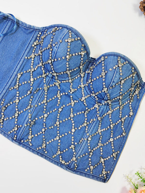 Rhinestone Denim Bustier Tops