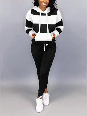 Striped Kangaroo Pocket Hooded Pants Set