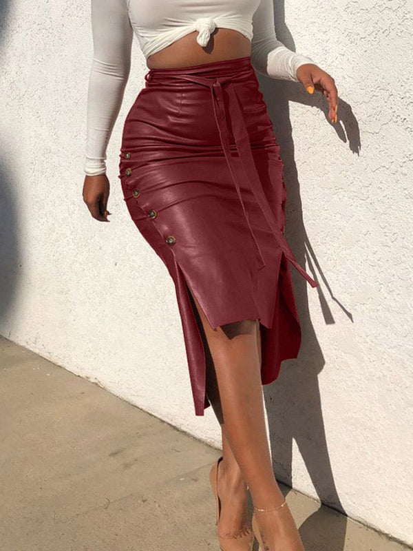 PU Belted Irregular Hem Skirts