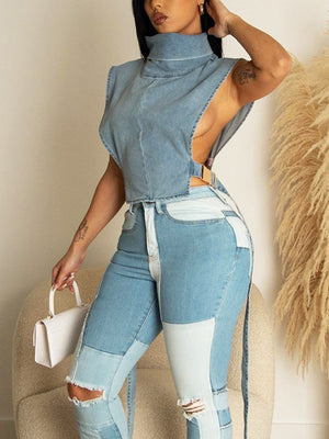 Denim Sleeveless Turtleneck Tops