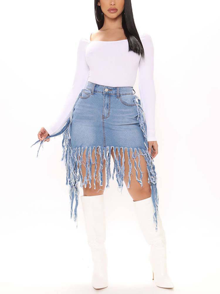 Fringe Denim Mini Skirts