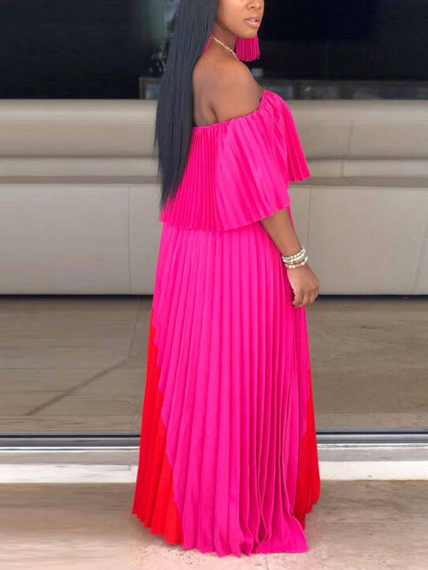 Off Shoulder Ombre Pleated Maxi Dresses