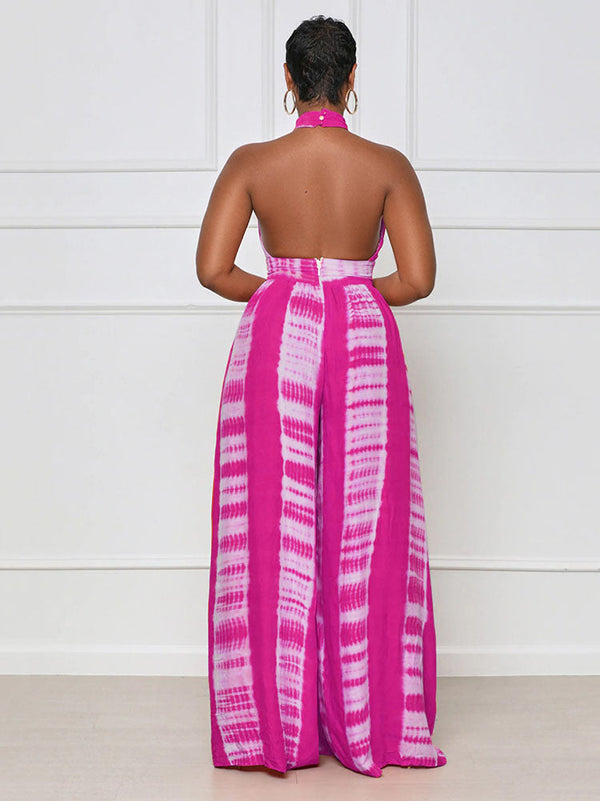 Halter Backless Printed Wide Leg Jumpsuits