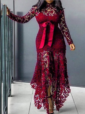Lace O Neck Irregular Maxi Dresses