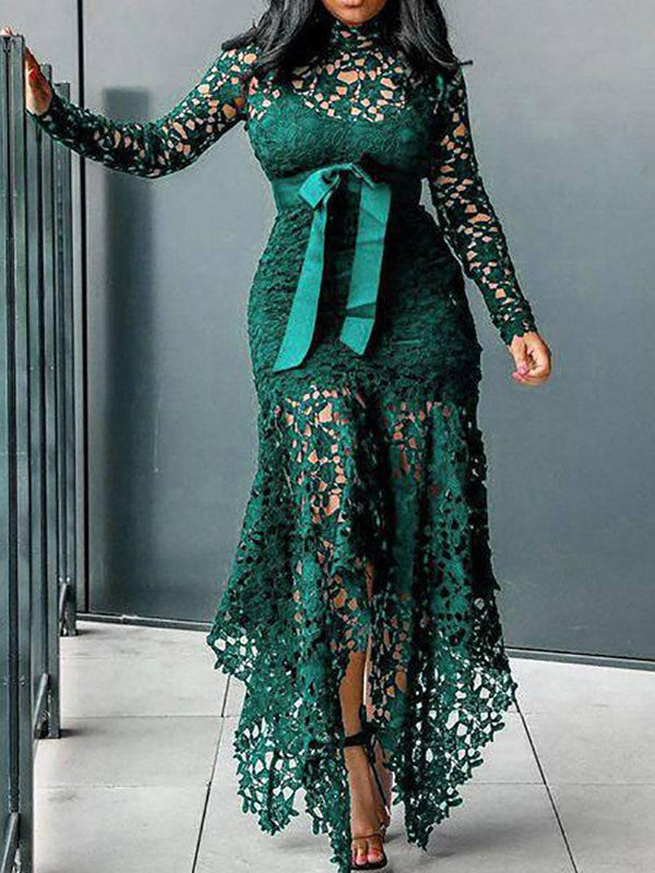 Lace O Neck Irregular Maxi Dresses