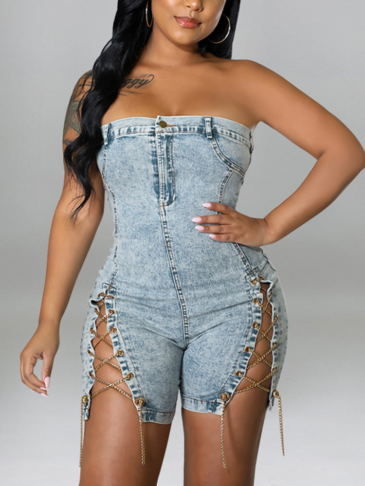 Strapless Denim Lace-up Rompers