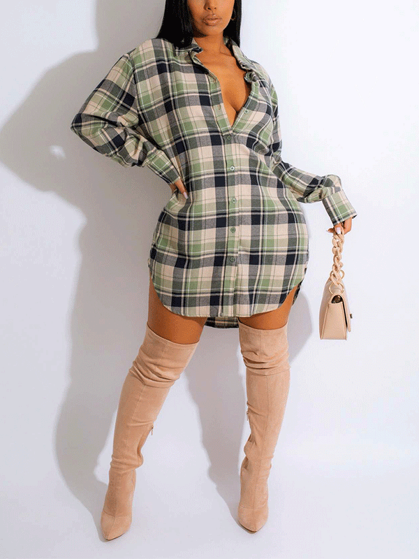Long Sleeve Plaid Buckle Shirt Dresses