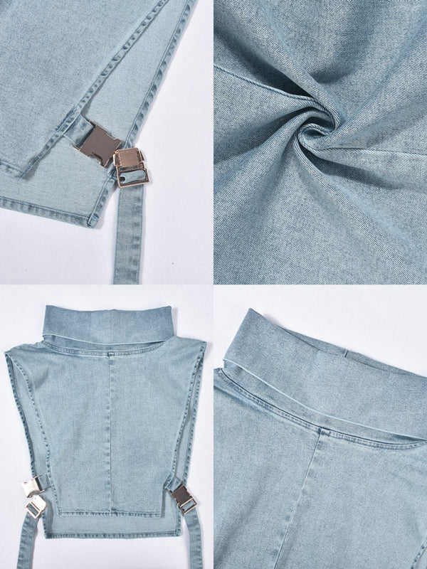 Denim Sleeveless Turtleneck Tops