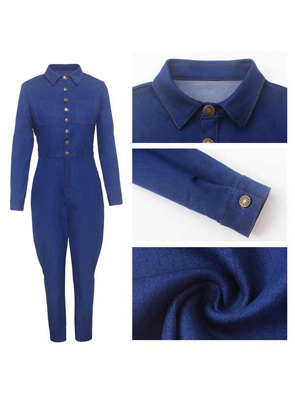 Button Skinny Denim Jumpsuits