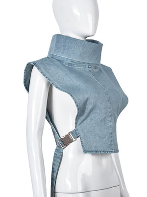 Denim Sleeveless Turtleneck Tops