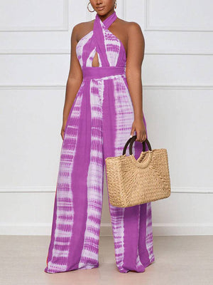 Halter Backless Printed Wide Leg Jumpsuits