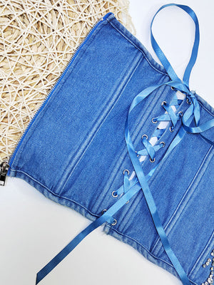 Rhinestone Denim Bustier Tops