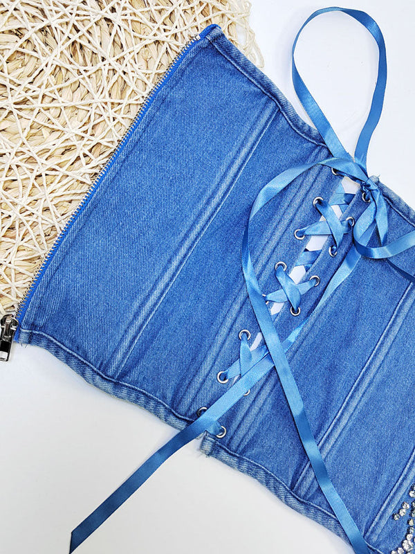 Rhinestone Denim Bustier Tops