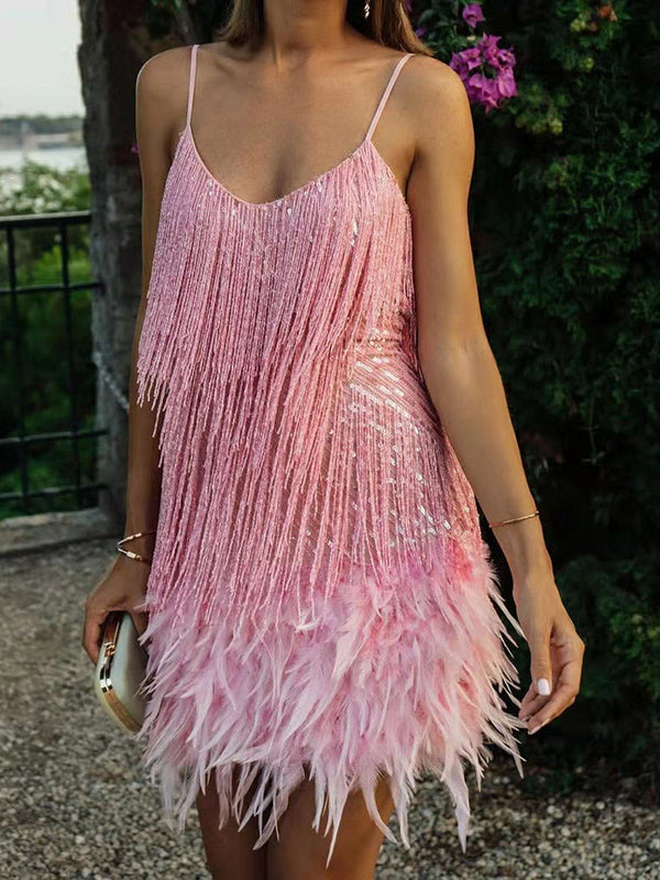 Feather Sequin Camisole Dresses
