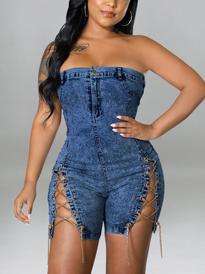 Strapless Denim Lace-up Rompers