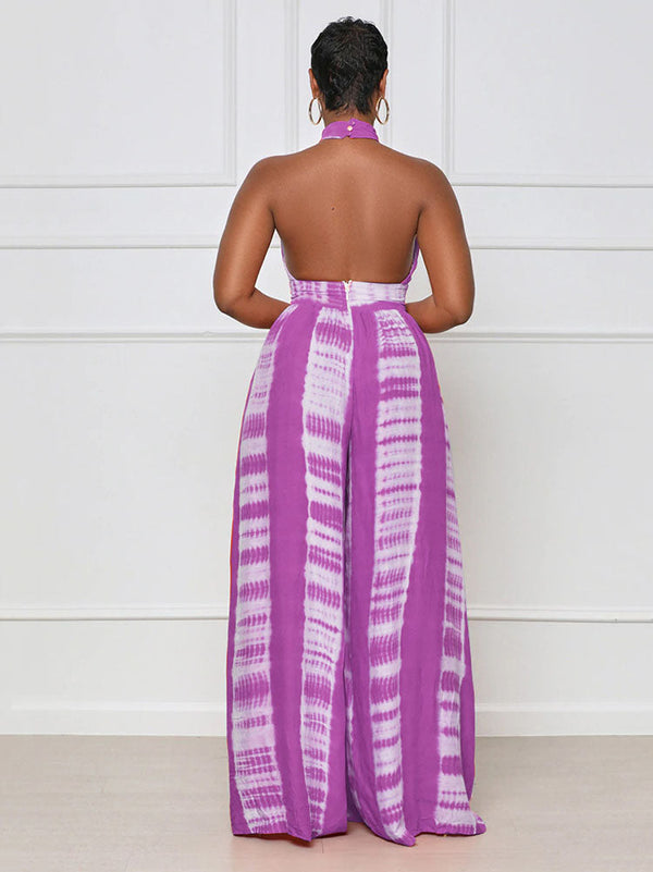 Halter Backless Printed Wide Leg Jumpsuits