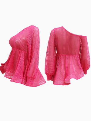One Shoulder Net Ruffle Hem Tops
