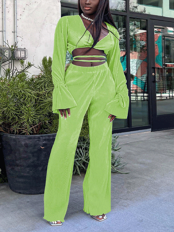 Flare Sleeve Crop Top Wide Leg Pants