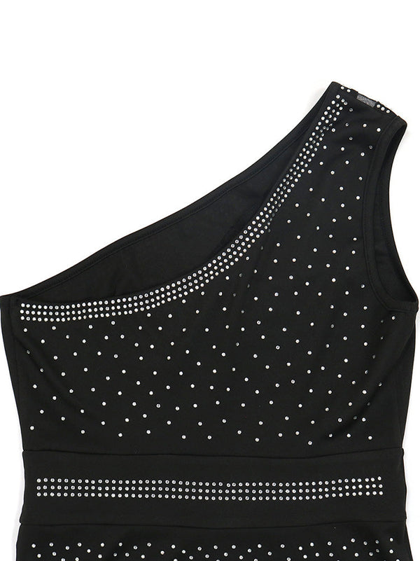 Rhinestone One Shoulder Slit Dresses