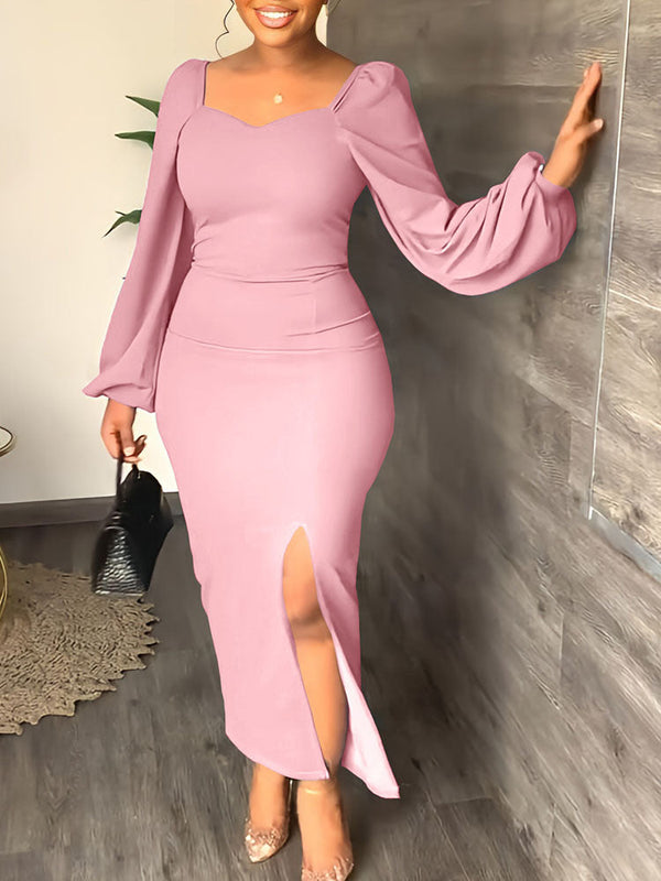 Lantern Sleeve Slit Dresses