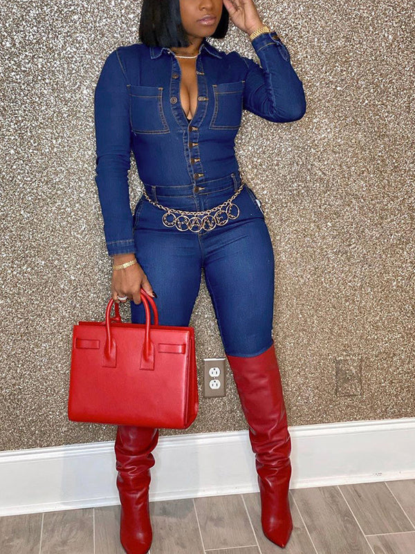 Button Skinny Denim Jumpsuits