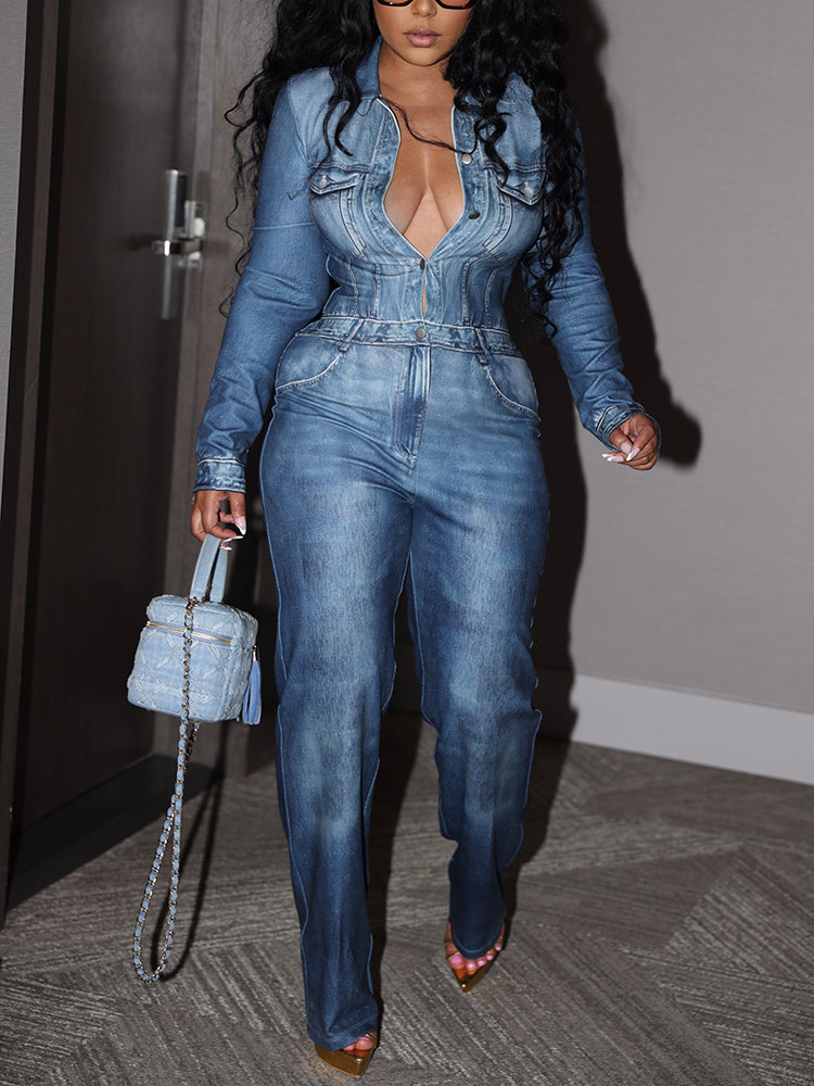 Denim Print Jumpsuits