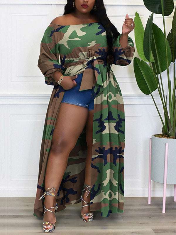 Printed Off Shoulder Slit Tops